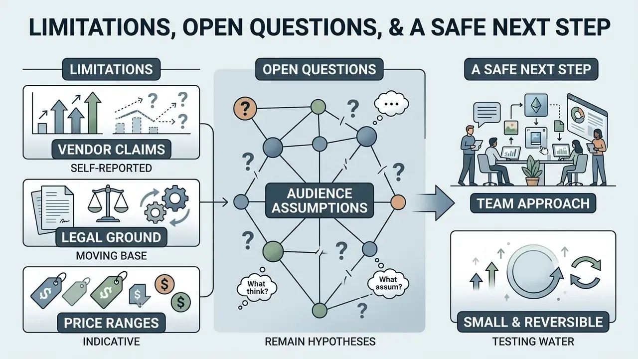 Diagram summarizing project limitations, open questions about audience, and a small reversible team approach