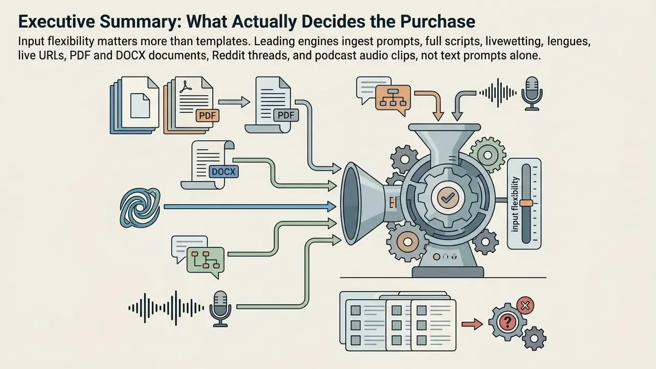 Various document types and audio clips feeding into a mechanical processor to demonstrate input flexibility