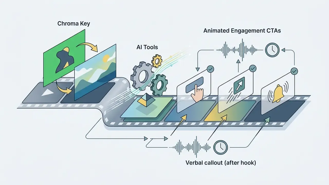 Film strip showing chroma key, AI tools, and animated engagement CTAs placed at verbal callout points