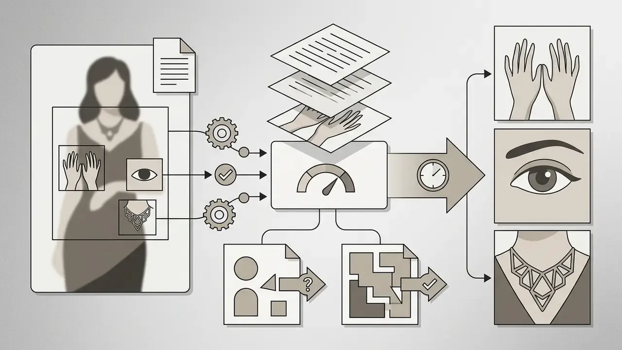 Diagram showing the process of masking specific areas of a digital portrait for targeted regeneration