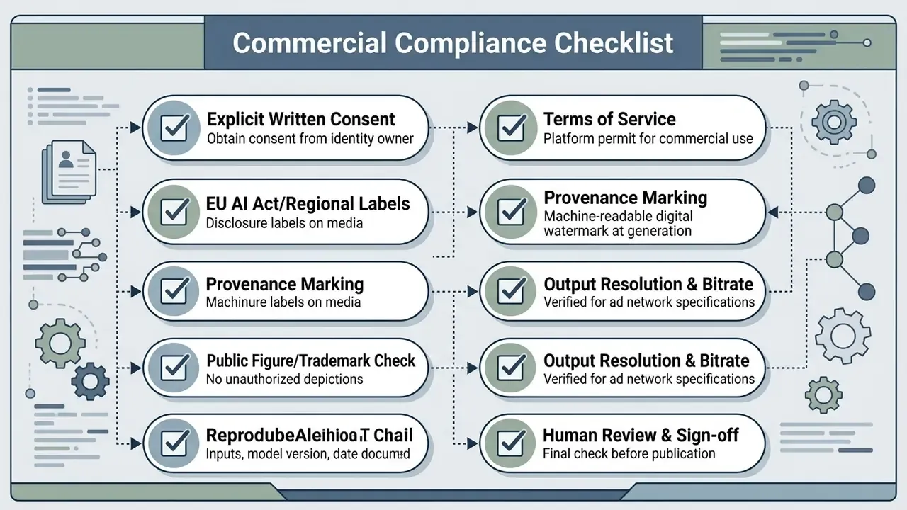 List of ten essential requirements for ensuring commercial compliance when using AI generated media