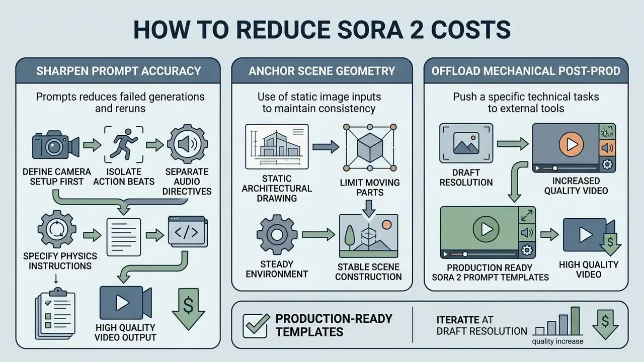 Three-column infographic detailing strategies to optimize prompt accuracy and scene geometry for video