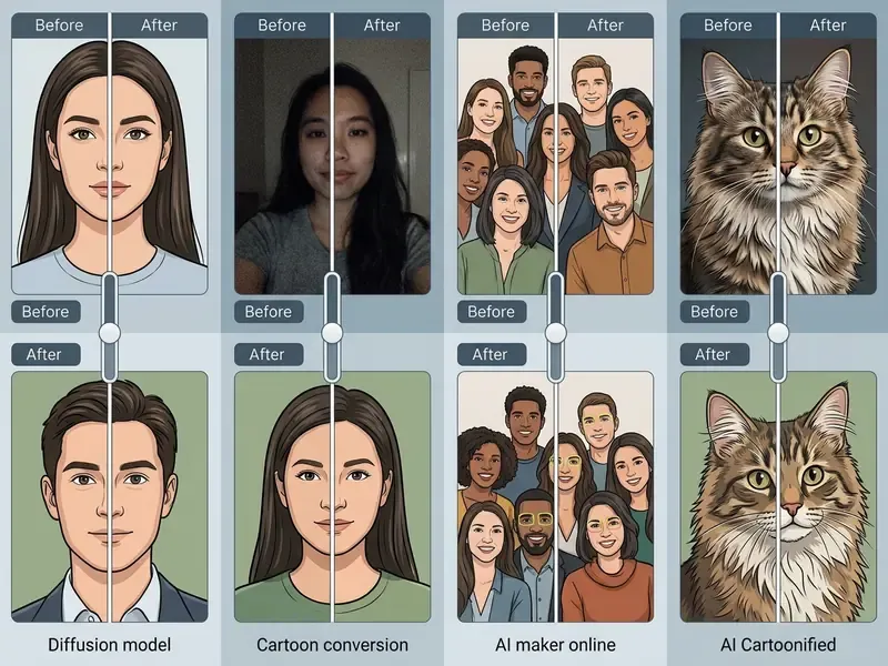 Four split-screen comparisons showing original photos transformed into stylized cartoon portraits