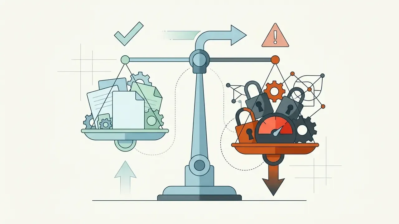 Balance scale weighing documents and gears against padlocks and a speedometer gauge