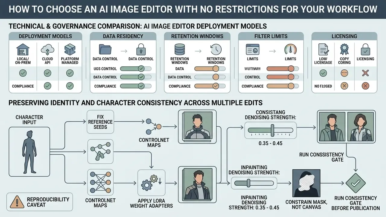 Diagram showing technical deployment models and a workflow for maintaining character consistency in AI