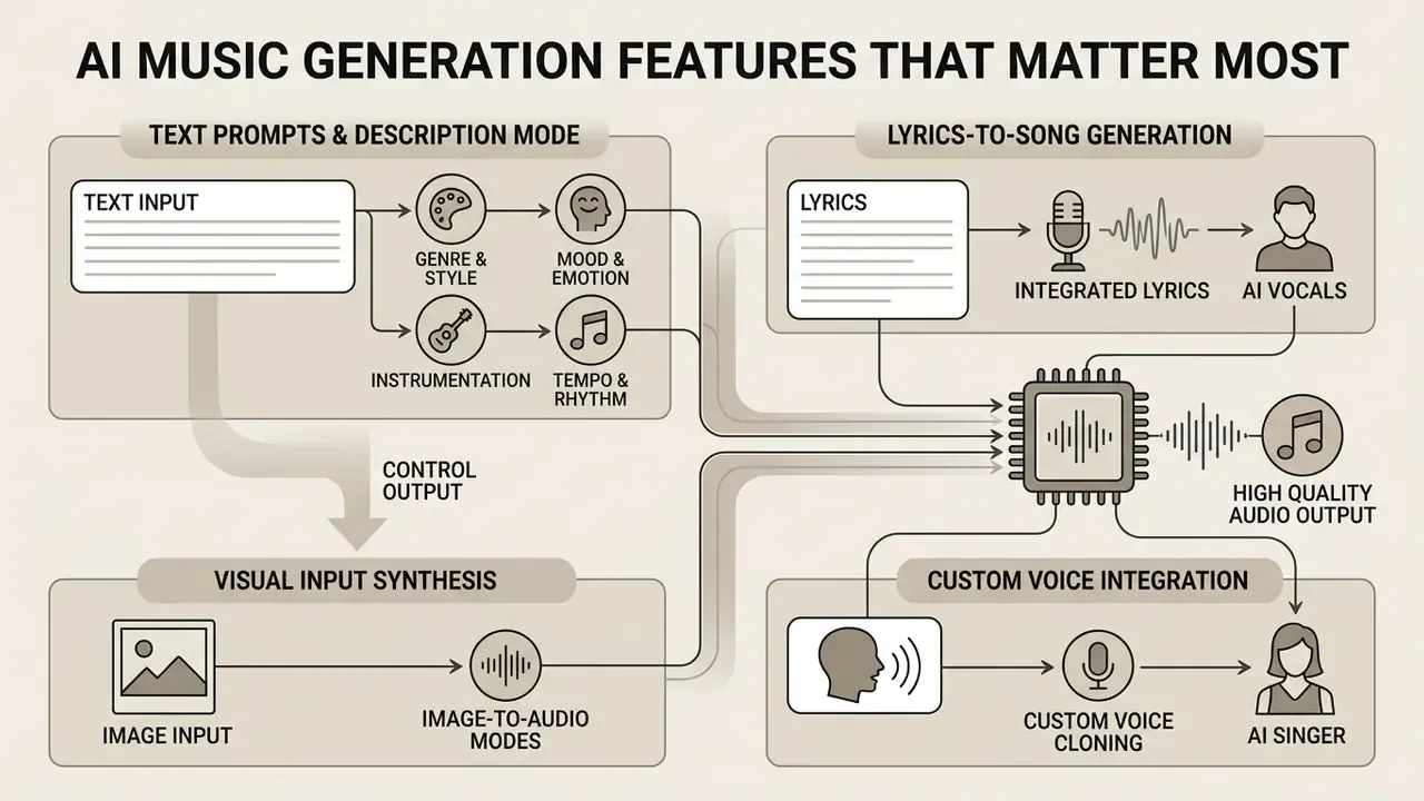 Diagram showing text, visual, and voice inputs converging into a central AI music generation process