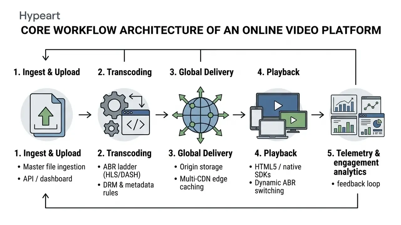 Five-step process diagram showing the lifecycle of an online video platform from ingestion to analytics