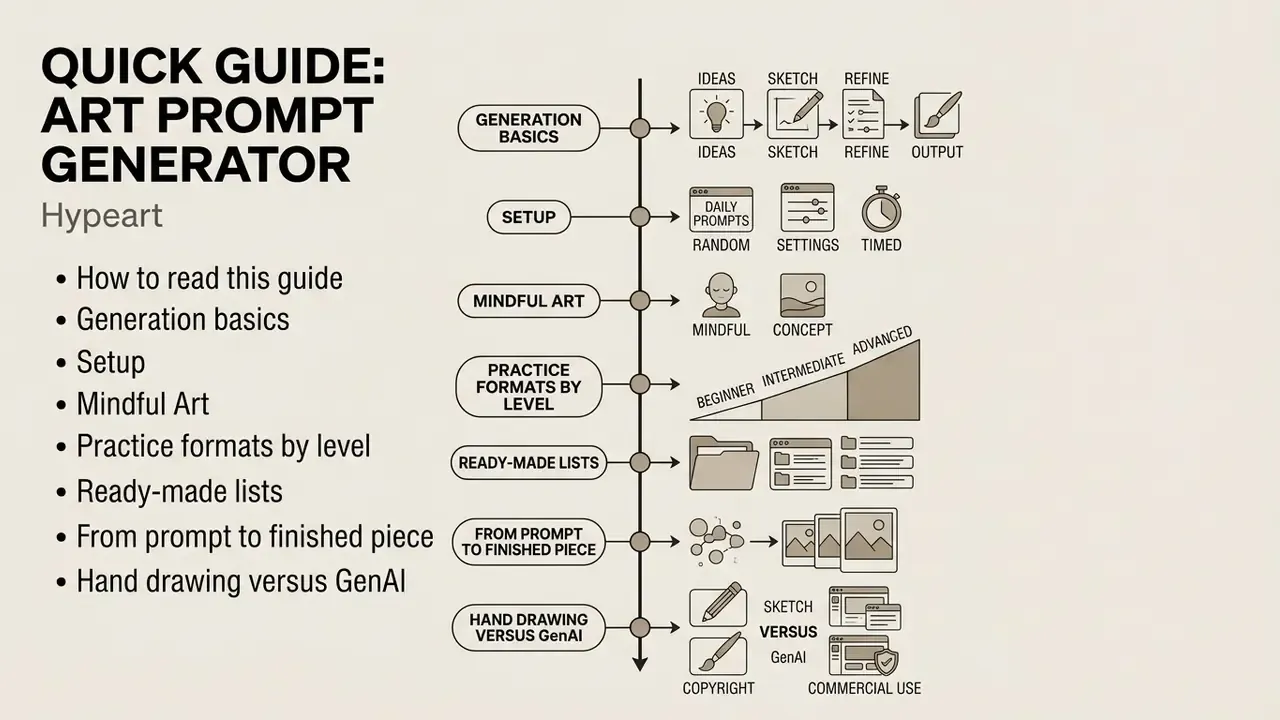 Infographic timeline illustrating steps and concepts for using an art prompt generator
