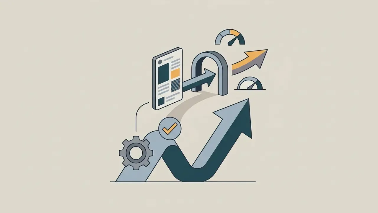 Mobile interface with gear and checkmark icons transitioning into upward arrows and speed gauges