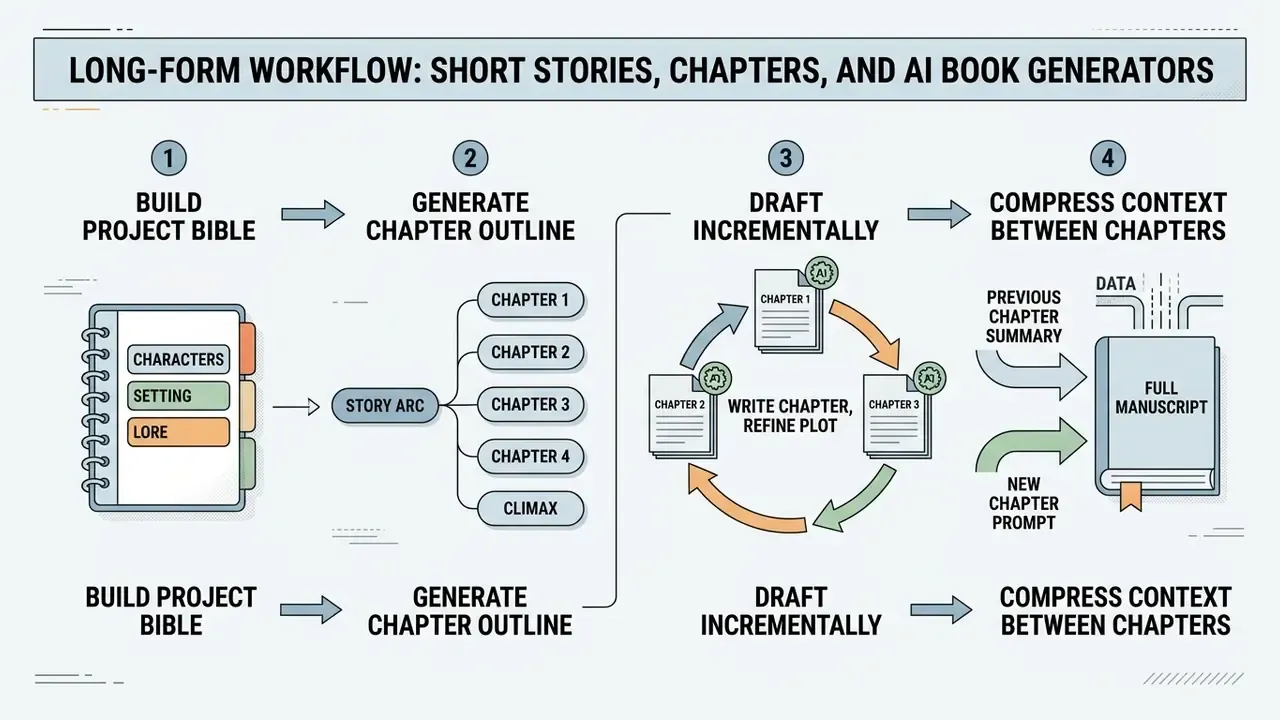 Four-step process for using an AI fanfic generator to build a project bible and draft chapters