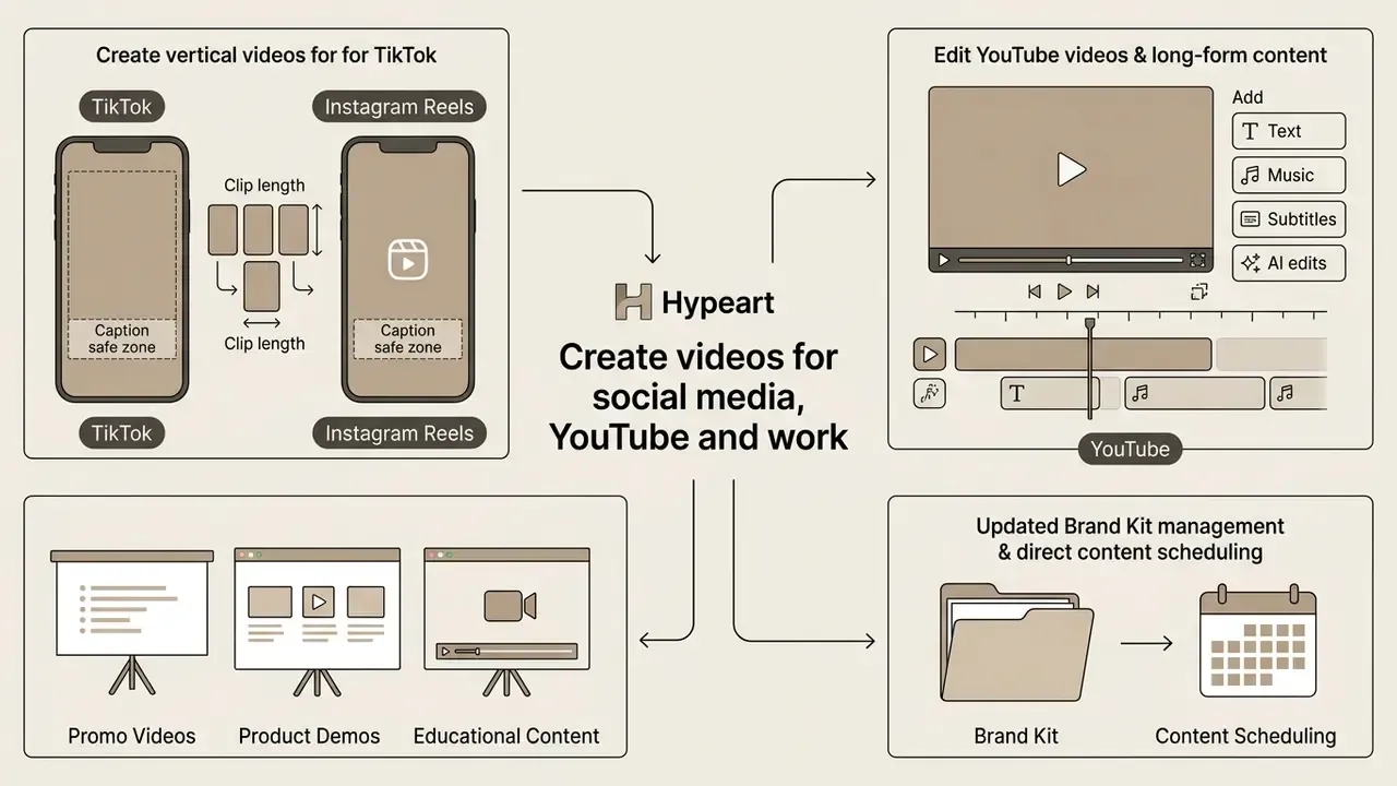 Infographic showing vertical mobile formats, horizontal desktop layouts, and brand management tools