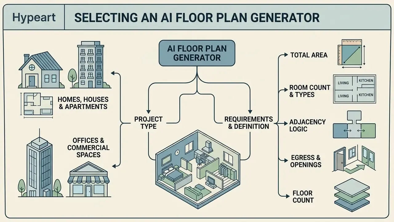 Infographic mapping project types and design requirements for an AI floor plan generator