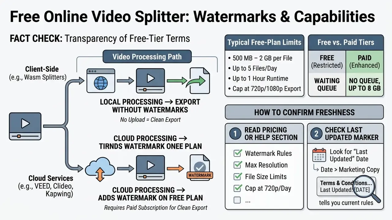 Comparison of local versus cloud processing for video files regarding watermarks and plan restrictions