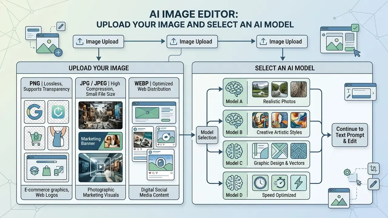 Comparison chart detailing file formats for image uploads and corresponding AI model selection options