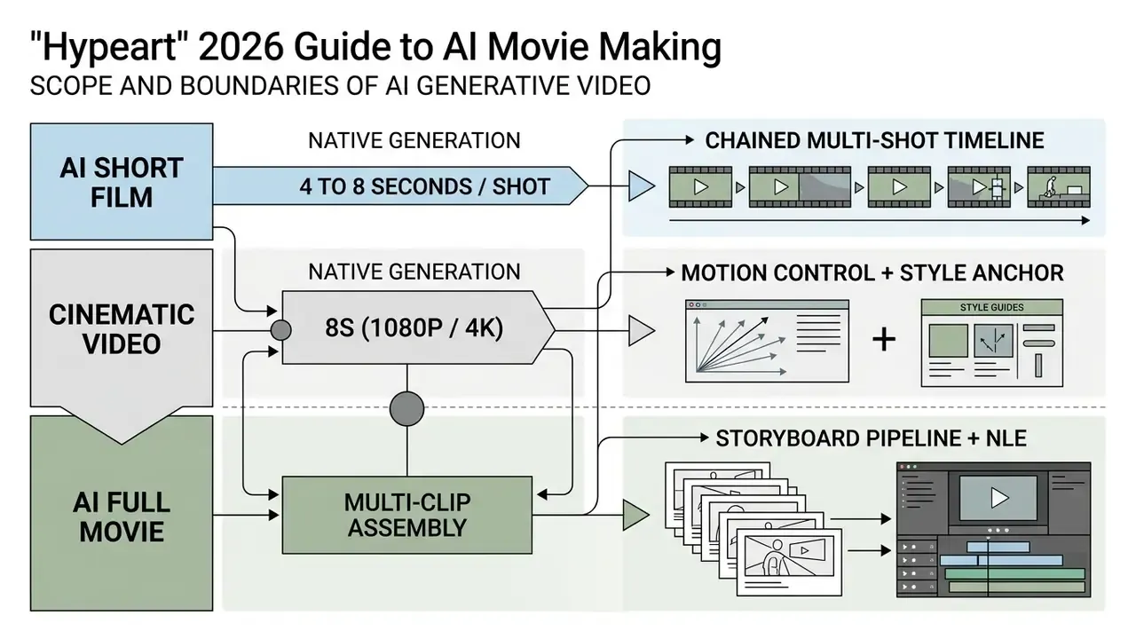 Flowchart comparing production mechanisms for AI short films, cinematic video, and full-length movies