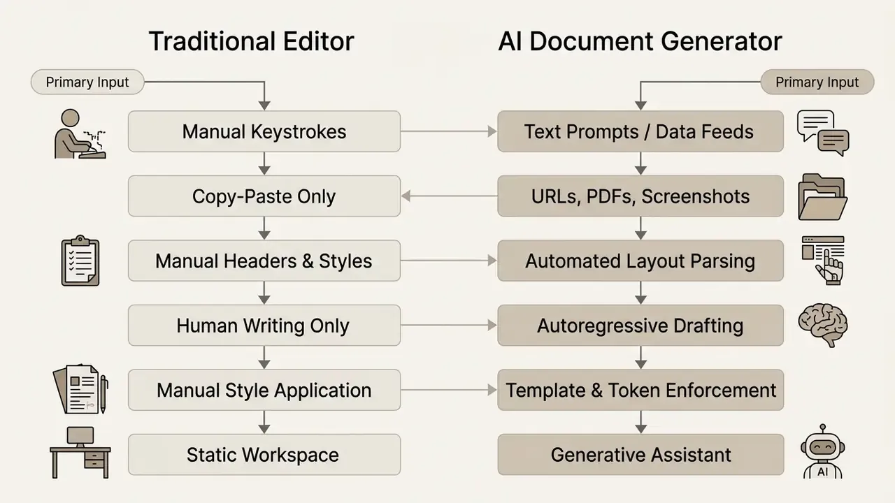 Comparison table contrasting manual editing workflows with automated AI document generator processes
