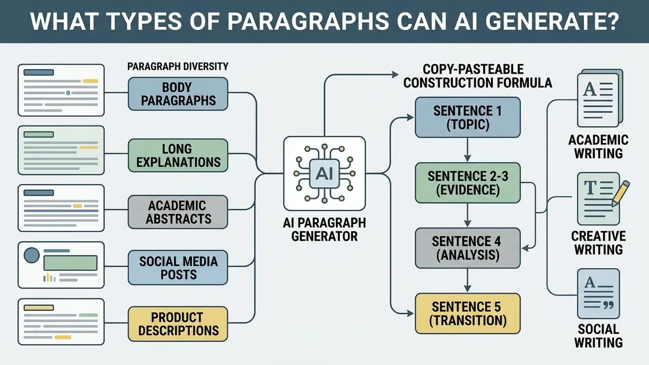 Flowchart showing how an AI paragraph generator creates various text types using a structured formula