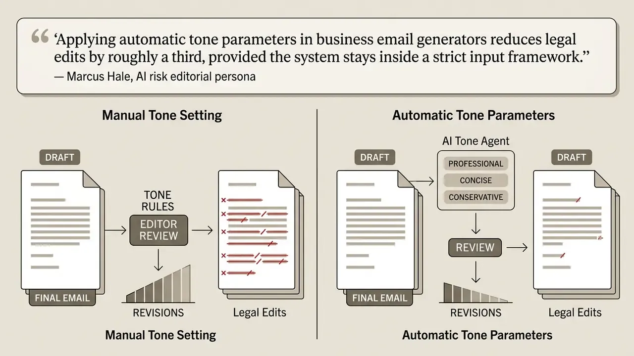 Diagram comparing manual versus automated tone settings for drafting business emails and legal edits