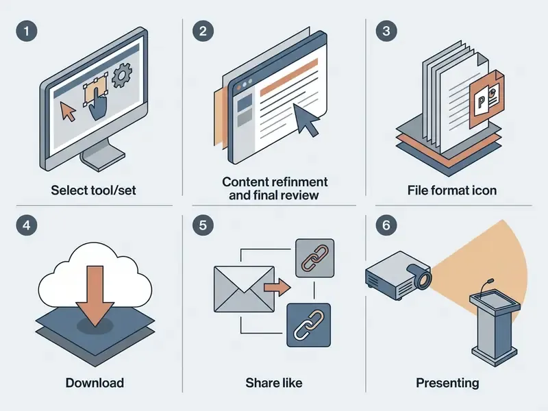 Six numbered steps illustrating the process of creating, downloading, sharing, and presenting a slide deck