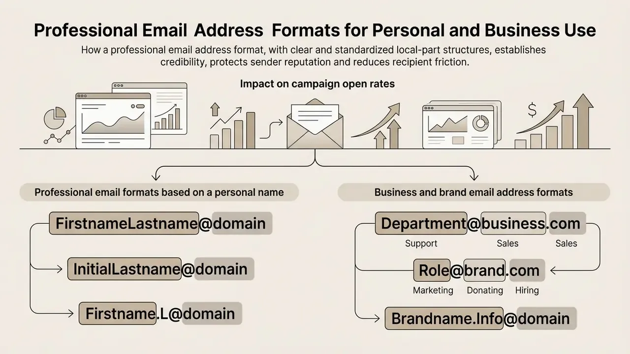 Diagram comparing personal name formats with business and brand email structures to improve open rates