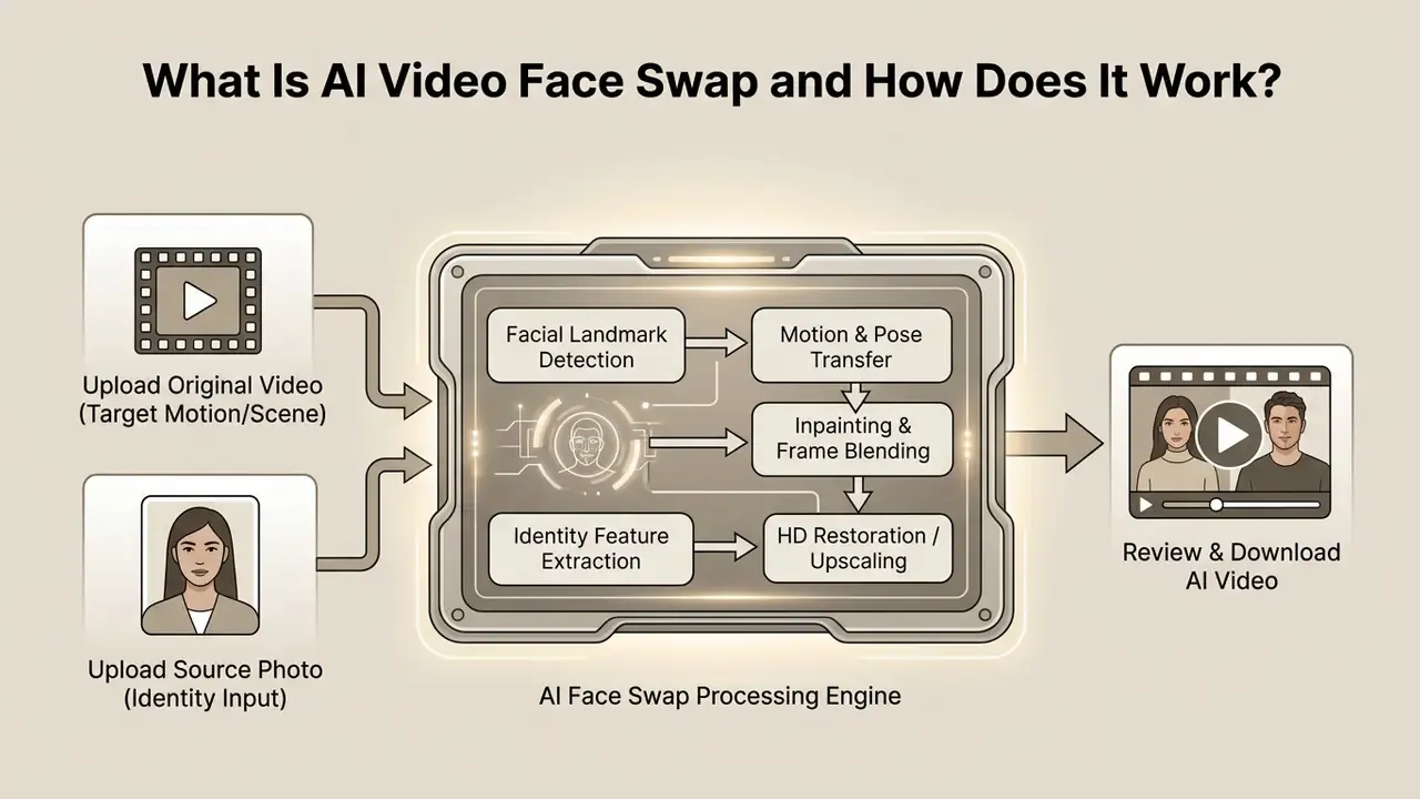 Diagram showing video and photo inputs processed by an AI engine to create a swapped face video