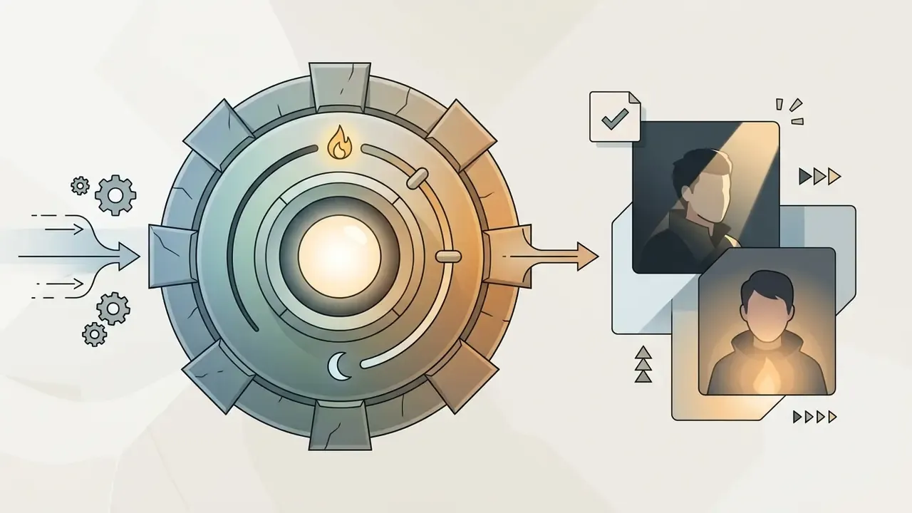 Circular gear mechanism adjusting lighting and atmosphere for two character portraits