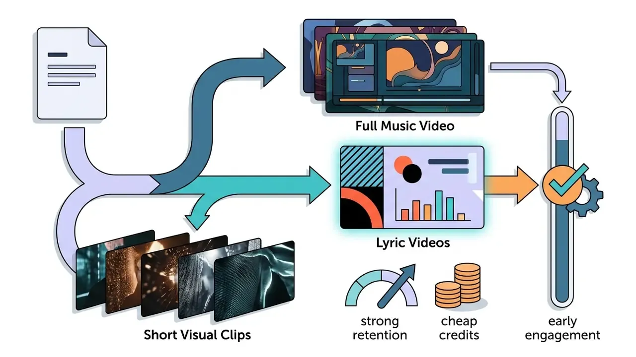 Document input branching into video formats and lyric content leading to engagement and credit metrics
