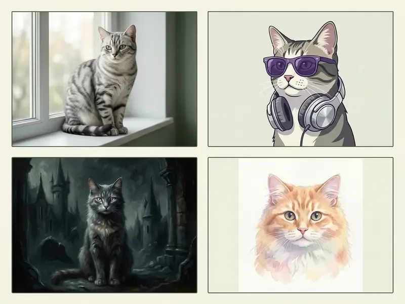 Four AI cat pictures displayed in a grid showing photorealistic, digital, dark fantasy, and watercolor styles