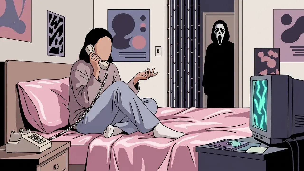 Person sitting on a pink bed with a telephone while a masked figure stands in the bedroom doorway
