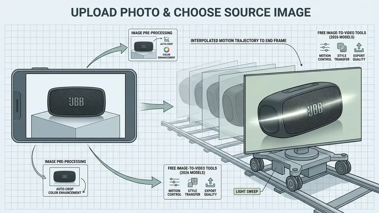 Diagram showing a static product photo transformed into a dynamic video sequence using motion trajectory tools