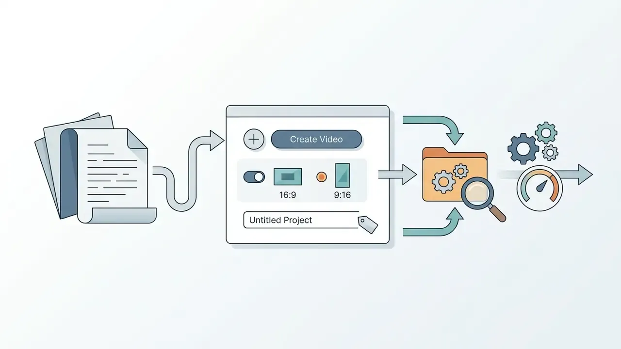 Documents feeding into a project creation window that leads to file organization and performance monitoring