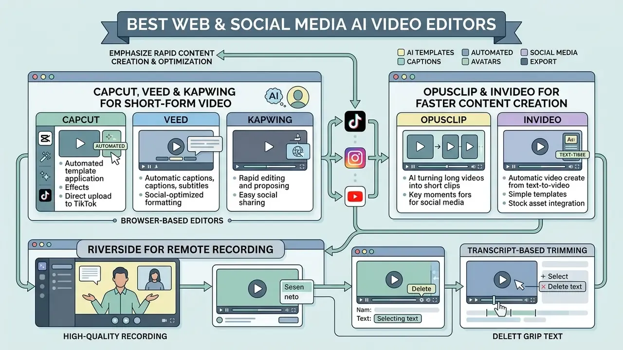 Diagram categorizing browser-based AI video editors by their specific strengths and automated workflows