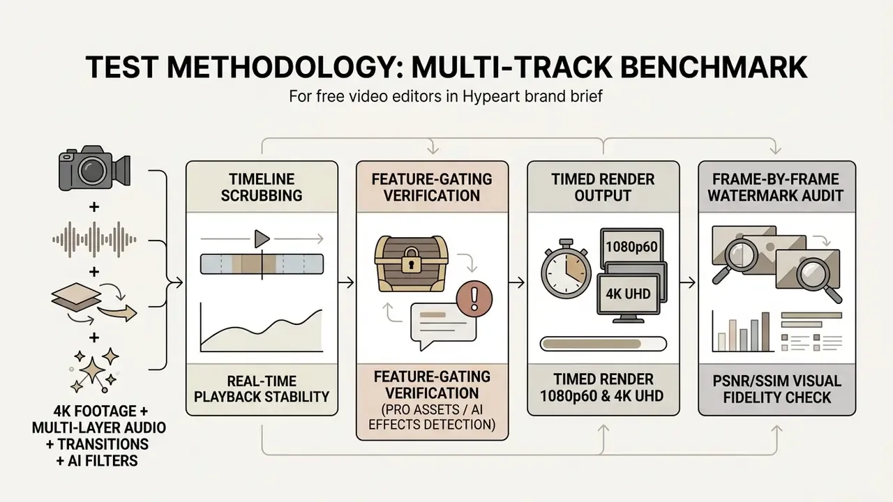 Process diagram showing steps for testing video editing performance and watermark presence
