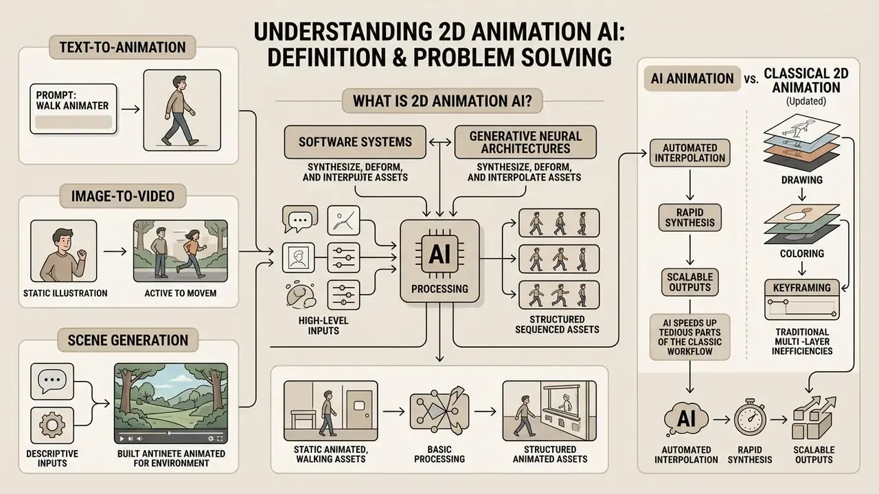 Infographic explaining how 2D animation AI processes high-level inputs to generate animated assets