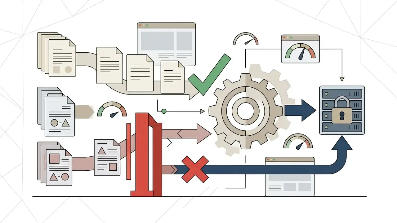 Flowchart showing data documents passing through a gear processor and security gates to a locked server