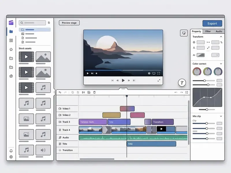 Layout of the Clipchamp video editor showing a media library, preview stage, property panel, and timeline