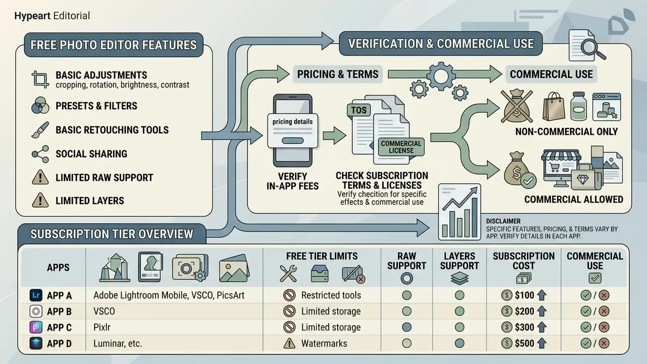 Flowchart outlining free app features, subscription verification, and commercial usage guidelines