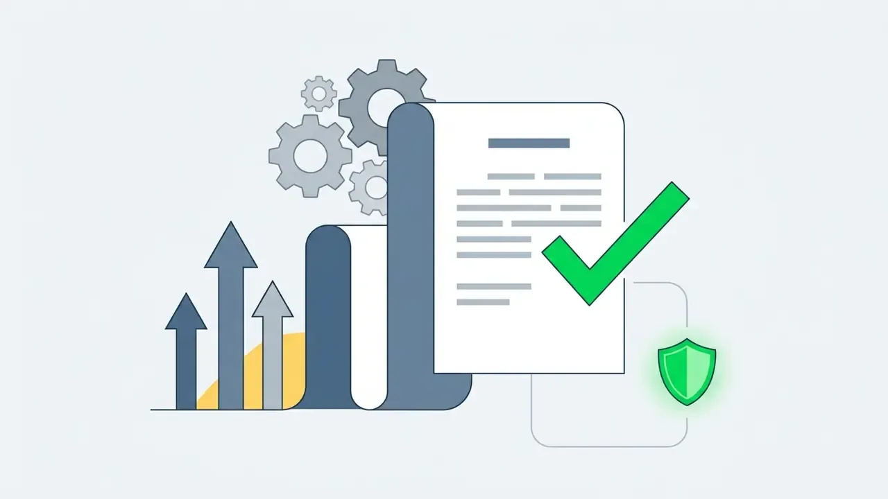 Document with a green checkmark and shield icon next to rising arrows and mechanical gears