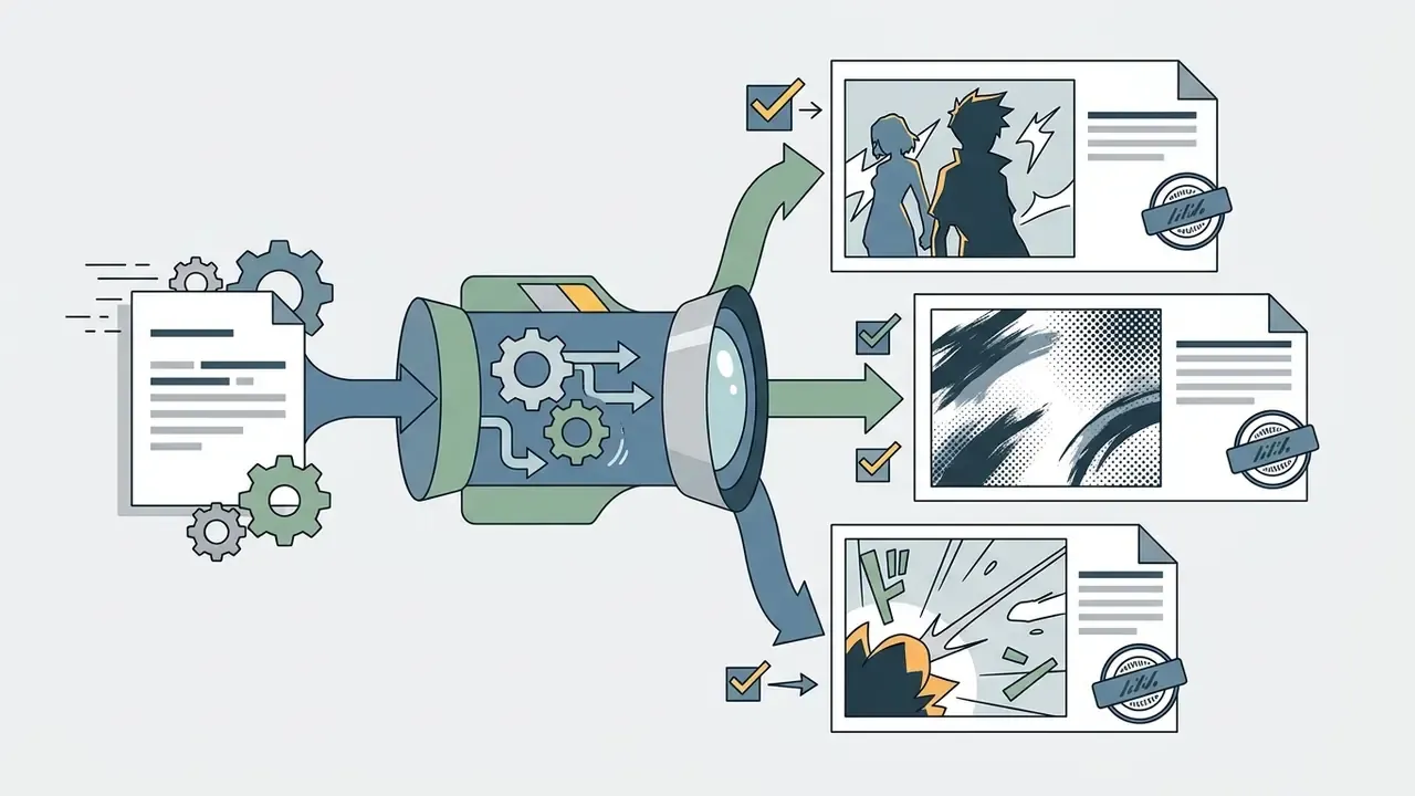 Document being processed through a mechanical lens to generate three distinct anime style illustrations