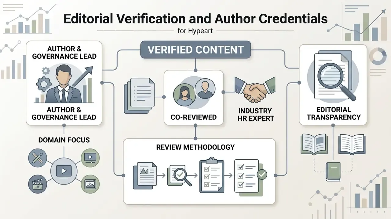 Infographic showing content review processes involving author leads, HR experts, and methodology steps