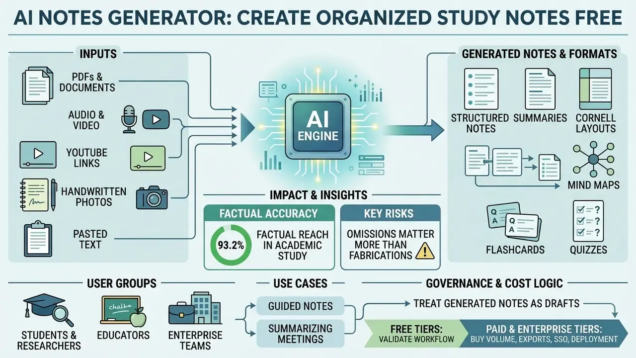 Infographic showing how an AI engine converts various media inputs into structured study notes and formats