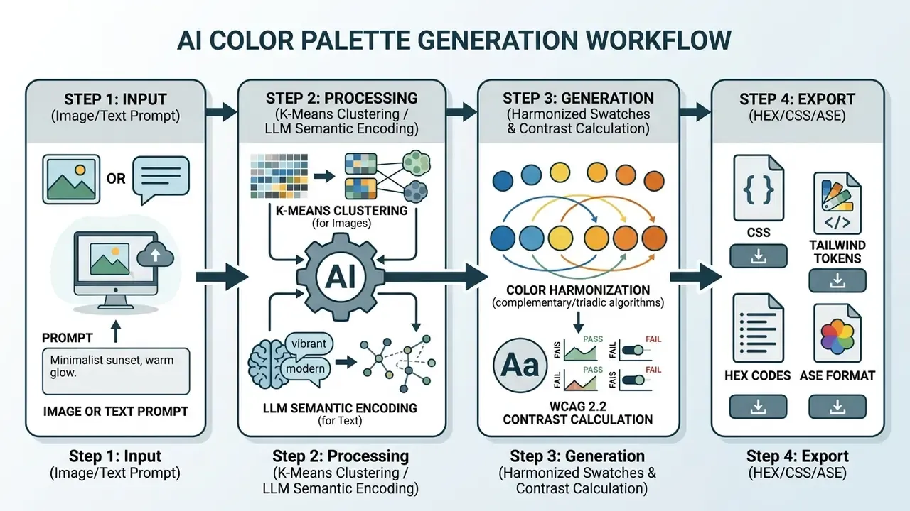 Horizontal flowchart showing the four steps of an ai color palette generator from input to final export