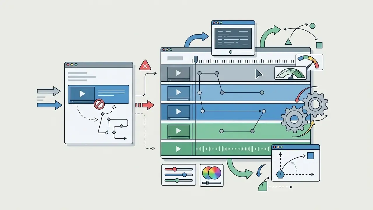 Simplified interface connecting to a complex multi-track video editor with advanced motion design tools