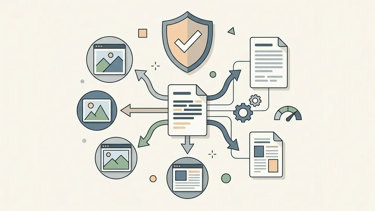 Central document connected to various image and text files under a protective shield icon