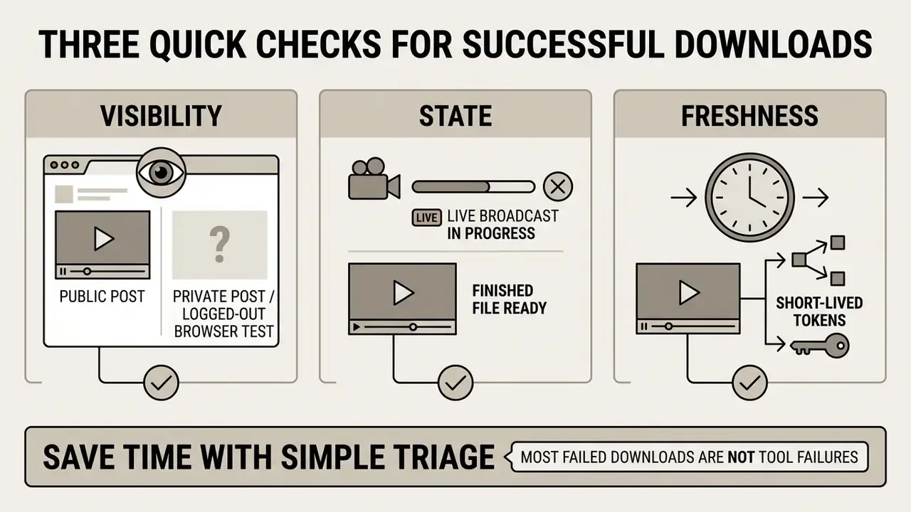 Infographic showing three troubleshooting steps for fixing a failed Facebook video download