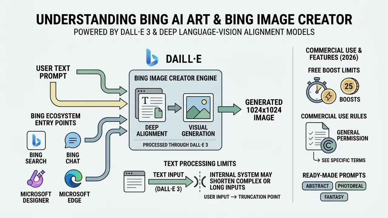 Infographic showing how text prompts flow through the Bing Image Creator engine to generate visual art