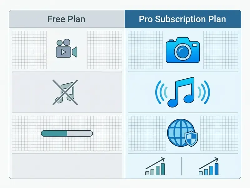 Comparison table contrasting feature icons for free and pro subscription plans