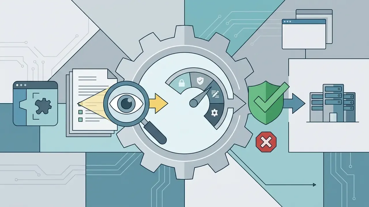 Magnifying glass examining documents and a gauge leading to a security shield and server infrastructure