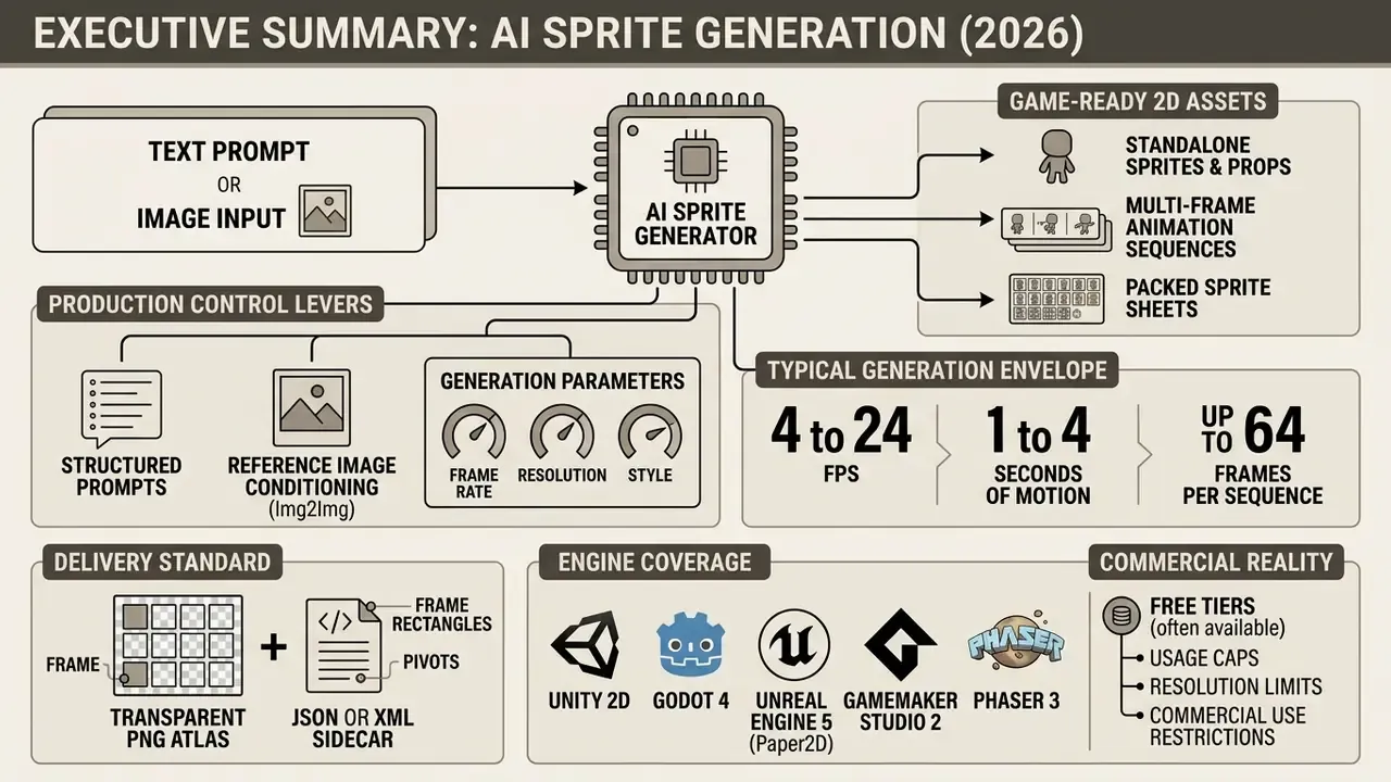 Flowchart showing how an AI sprite generator processes inputs into game assets with control levers and standards