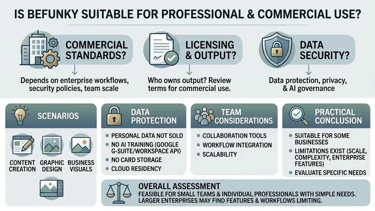 Infographic detailing business considerations for BeFunky including data protection and team scalability